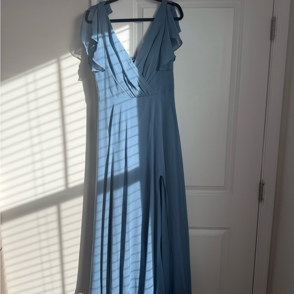 Elegant Sky Blue Maxi Dress with Ruffle Details